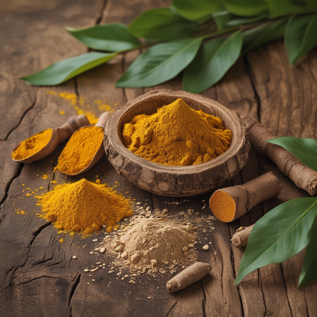 Rimpang kunyit segar berwarna oranye cerah yang dipotong dan disusun di atas permukaan kayu alami dengan daun hijau di sekitarnya